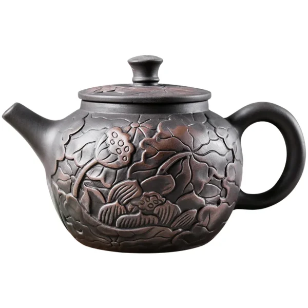 Hand Carved Lotus Black Mud Yixing Teapot