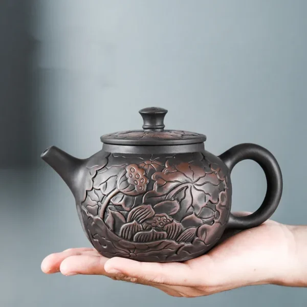 Hand Carved Lotus Black Mud Yixing Teapot
