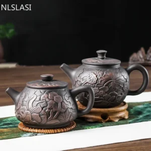 Hand Carved Lotus Black Mud Yixing Teapot