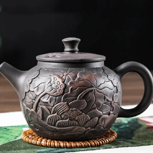 Hand Carved Lotus Black Mud Yixing Teapot